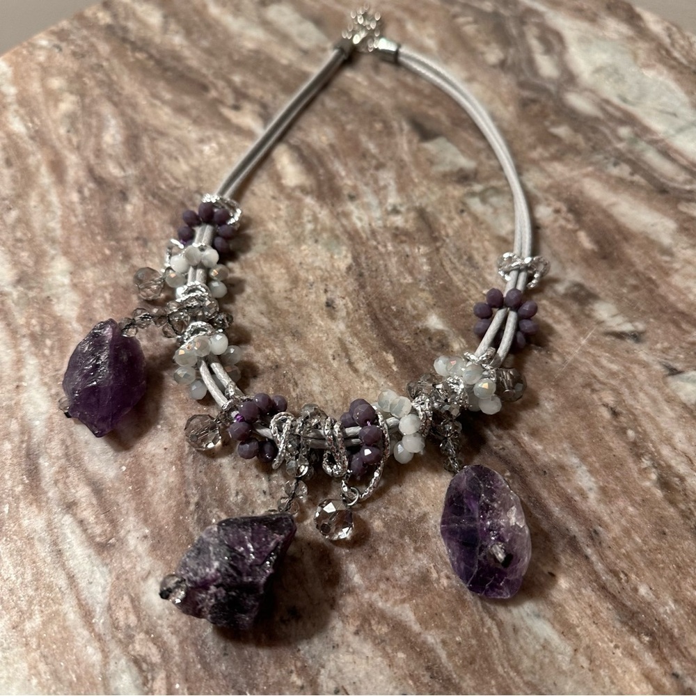 Chunky Raw Amethyst Necklace Three Large Pendants & Crystal Glass Round Beads - Picture 9 of 16